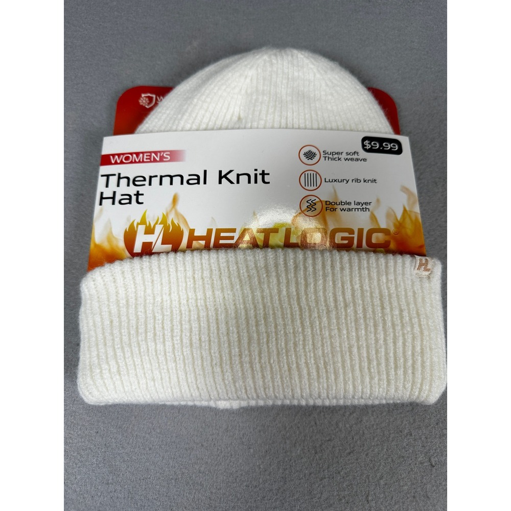 HeatLogic Women's Thermal Knit Hat White Ribbed Double Layer Winter Beanie NWT